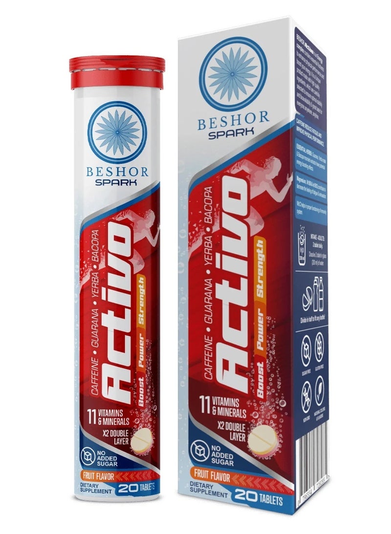 BESHOR Activo Energy Effervescent Multivitamin with Herbs and Caffeine -20Tablets -Fruit Flavor- Sugar Free - Image 1