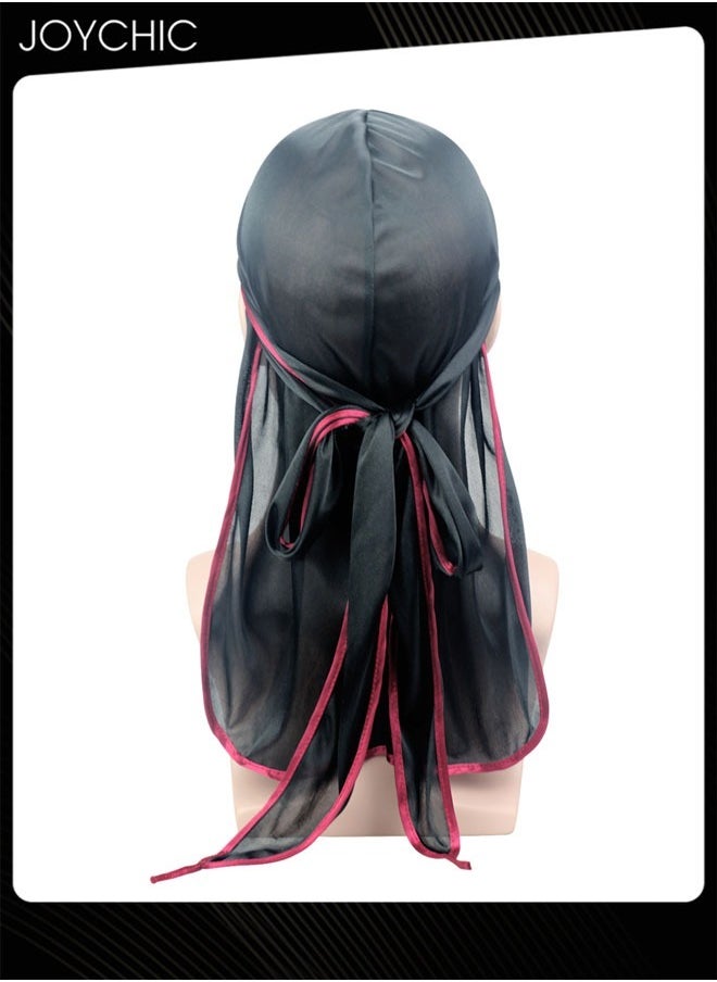 Joychic New Style Soild Pattern Silk Durag Satin for Men Pirate Caps Long Tail Decoration Head Wrap Elastic Beanie Hats Waves Hijab for Outdoor Sports  - Image 1
