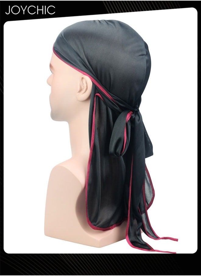 Joychic New Style Soild Pattern Silk Durag Satin for Men Pirate Caps Long Tail Decoration Head Wrap Elastic Beanie Hats Waves Hijab for Outdoor Sports  - Image 2