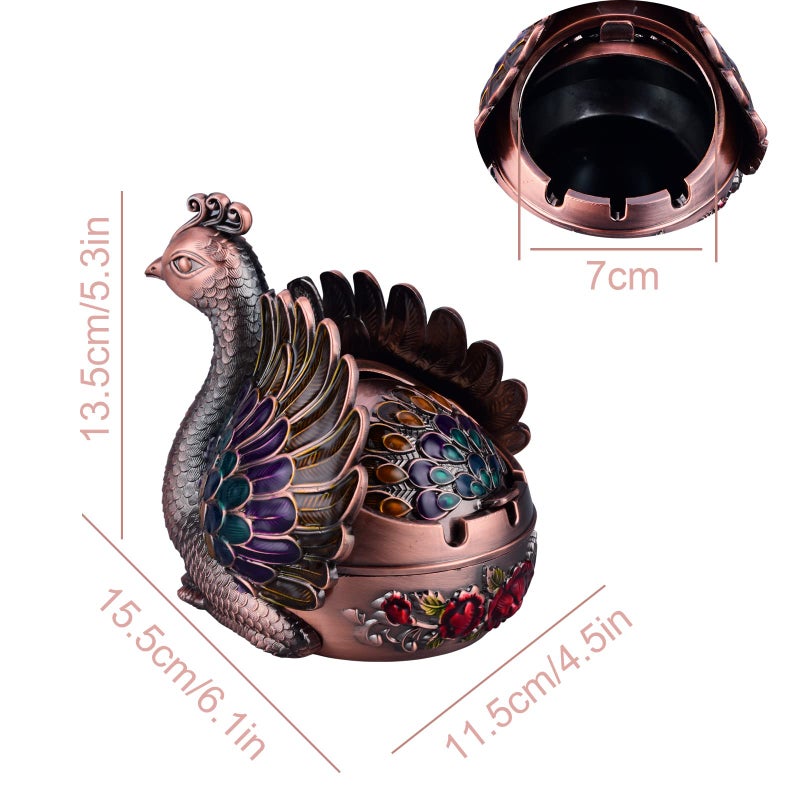 K COOL Ashtray with Lid for Cigarette, Metal Outdoor Ash Tray Sets, Ashtrays for Cigarettes Out door, Windproof Peacock Smokeless Ashtrays for Home Office Tabletop Outside Patio Outdoor(Copper) - Image 2