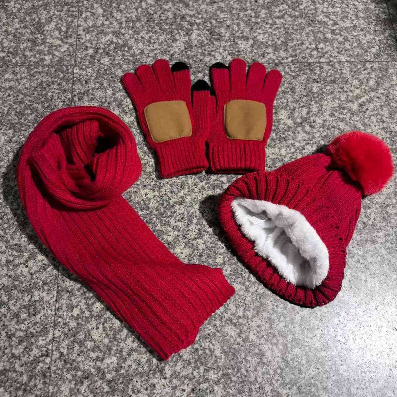 Knitted Beanie Scarf Gloves Set for Women Kids Big red with leather palm and no logo