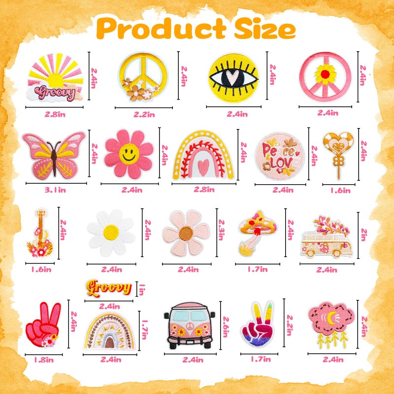 Yaveron 20Pcs Groovy Retro Hippie Iron on Patches Vintage Boho Peace Sign Patch for Clothing Backpacks Jeans Jackets Hats Sew on Embroidered Applique - Image 2
