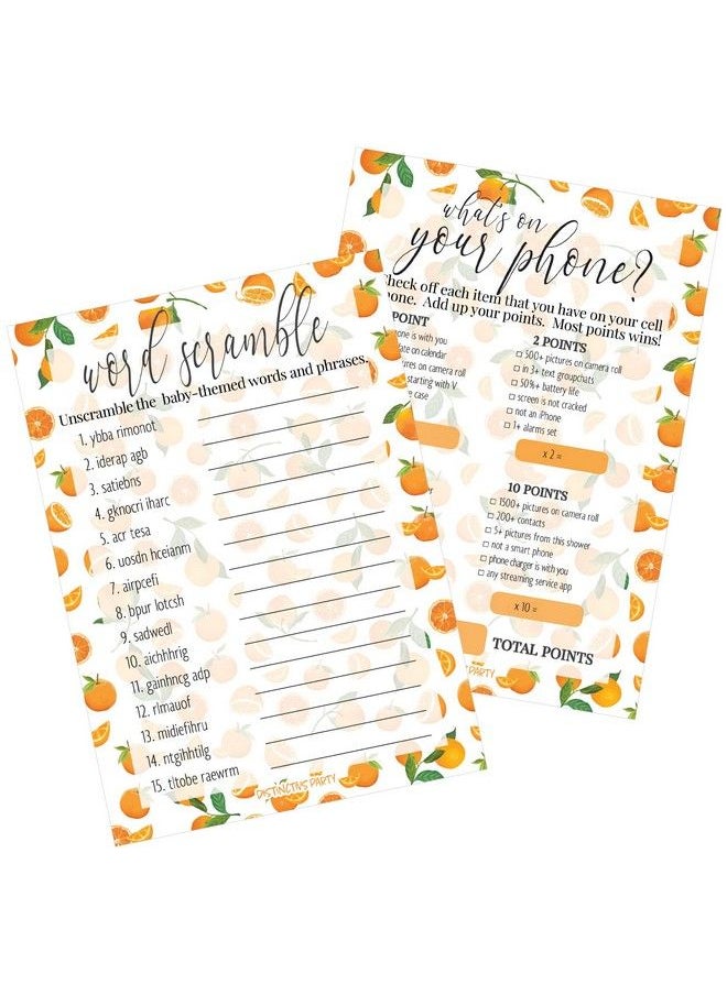 DISTINCTIVS Little Cutie Orange Baby Shower What'S On Your Phone And Word Scramble (2 Game Bundle) 20 Dual Sided Cards  - Image 2