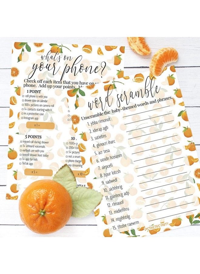 DISTINCTIVS Little Cutie Orange Baby Shower What'S On Your Phone And Word Scramble (2 Game Bundle) 20 Dual Sided Cards  - Image 3