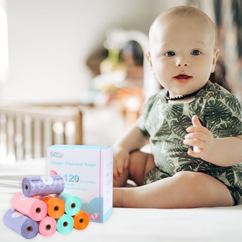 USBOO Diaper Bags Disposable for Baby, 8 Refill Rolls/120 Bags Dirty Disposable Diaper Bags with Dispenser, Convenient and Quick Diaper Disposal, Poop Bags,Rainbow - Image 2