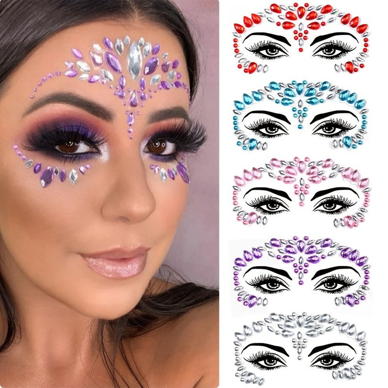 6 Sheets Mermaid Face Stickers Sparkling Rhinestone Glittery Halloween Party Decor - Image 1