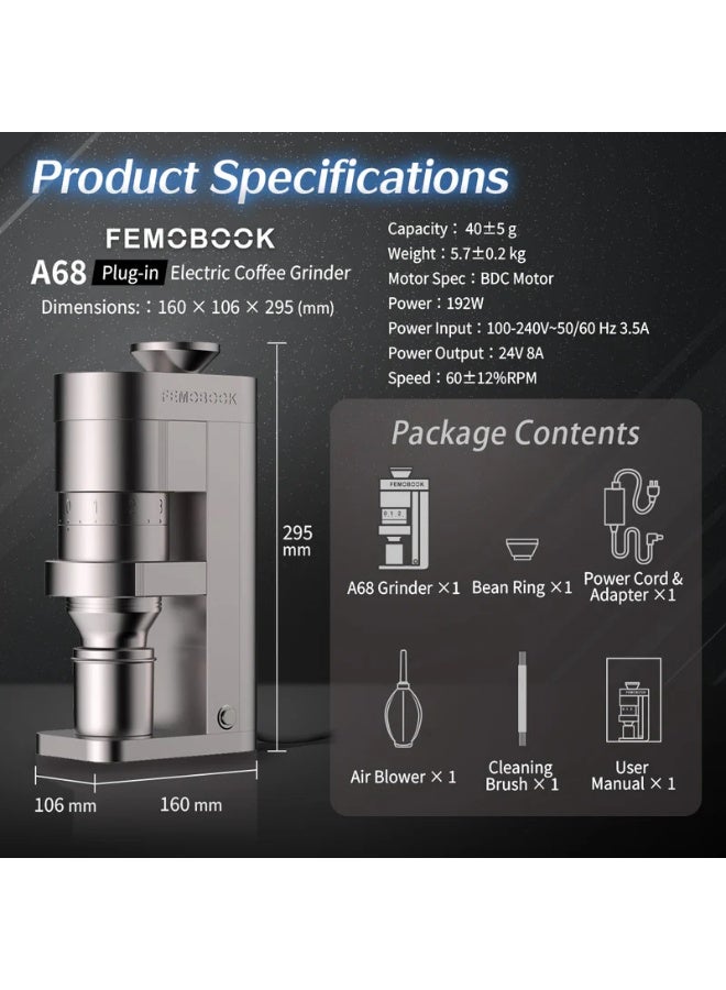 Femobook A68 Electric Coffee Grinder Black Gold, 68mm Conical Burr Espresso & Filter Grinder with Stepless Precision Adjustment - Image 5
