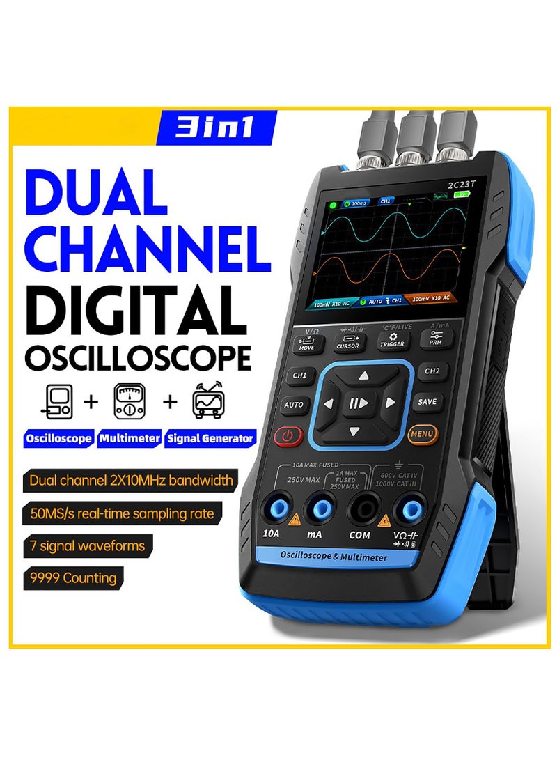 2C23T 3-in-1 Handheld Oscilloscope, Multimeter & DDS Generator - 2 Channels, 10MHz Bandwidth, 50MSa/s Sampling Rate, 10000 Counts, Voltage, Current, Capacitor, Resistor & Diode Testing. - Image 2