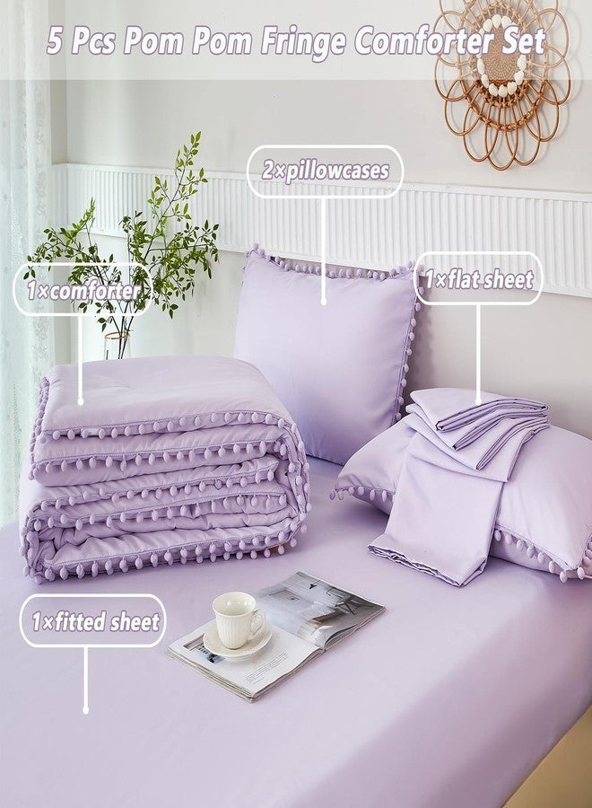 PERFEMET 5 Pieces Lavender Purple Comforter Set Twin Aesthetic Boho Solid Bed Comforter Sheet Set with Pompoms Soft Microfiber Light Purple Bed in A Bag for Girls Kids(Lavender, Twin) - Image 3