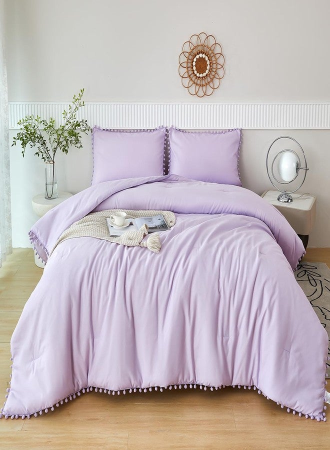 PERFEMET 5 Pieces Lavender Purple Comforter Set Twin Aesthetic Boho Solid Bed Comforter Sheet Set with Pompoms Soft Microfiber Light Purple Bed in A Bag for Girls Kids(Lavender, Twin) - Image 2