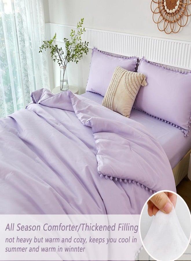 PERFEMET 5 Pieces Lavender Purple Comforter Set Twin Aesthetic Boho Solid Bed Comforter Sheet Set with Pompoms Soft Microfiber Light Purple Bed in A Bag for Girls Kids(Lavender, Twin) - Image 5