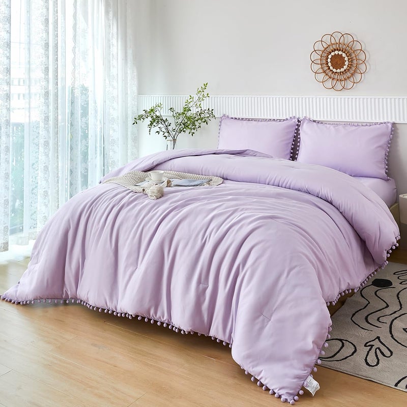 PERFEMET 5 Pieces Lavender Purple Comforter Set Twin Aesthetic Boho Solid Bed Comforter Sheet Set with Pompoms Soft Microfiber Light Purple Bed in A Bag for Girls Kids(Lavender, Twin) - Image 1