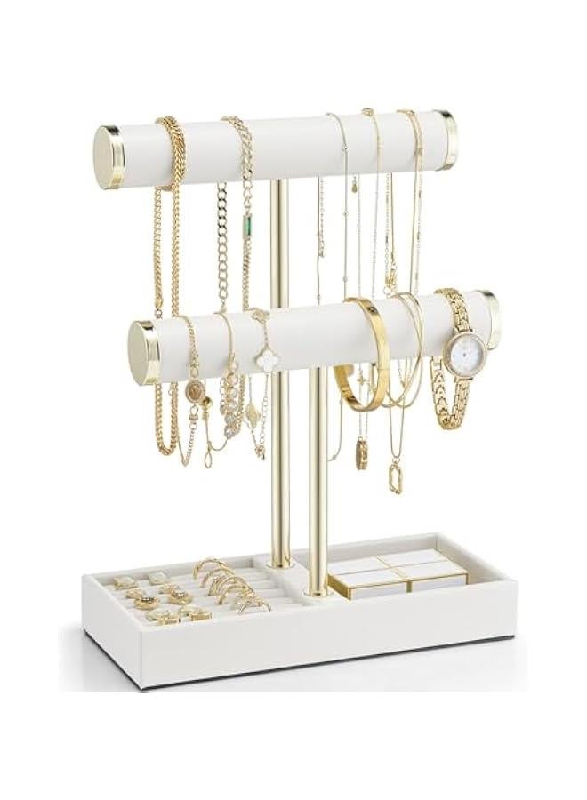 عربست فلاندو منظم حامل اساور من طبقتين مع صينية - منظم حامل مجوهرات جلدي للنساء - عرض حامل مجوهرات للقلائد والساعات والخواتم والاقراط والاساور الحلقية وسكرانشي - ابيض - Image 1