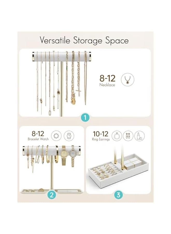 عربست فلاندو منظم حامل اساور من طبقتين مع صينية - منظم حامل مجوهرات جلدي للنساء - عرض حامل مجوهرات للقلائد والساعات والخواتم والاقراط والاساور الحلقية وسكرانشي - ابيض - Image 2