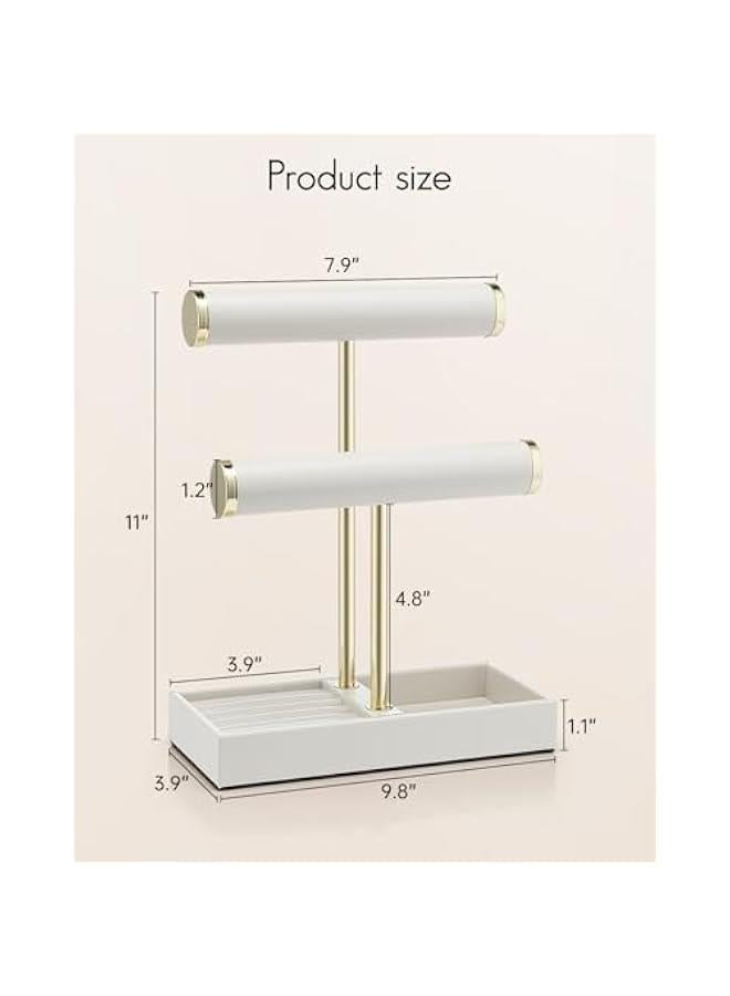 عربست فلاندو منظم حامل اساور من طبقتين مع صينية - منظم حامل مجوهرات جلدي للنساء - عرض حامل مجوهرات للقلائد والساعات والخواتم والاقراط والاساور الحلقية وسكرانشي - ابيض - Image 5