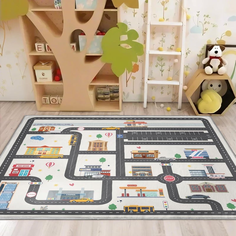 Nayoroom 5x7ft Kids City Road Car Play Rug  NonSlip Acrylic Carpet with Interactive City Map Design Educational Toy Vehicle Mat for Kids Bedroom Playroom Nursery Gift - Image 4