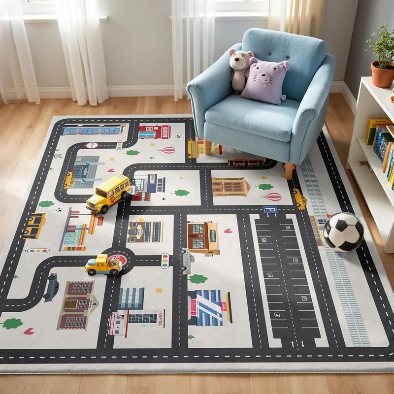 Nayoroom 5x7ft Kids City Road Car Play Rug  NonSlip Acrylic Carpet with Interactive City Map Design Educational Toy Vehicle Mat for Kids Bedroom Playroom Nursery Gift - Image 1