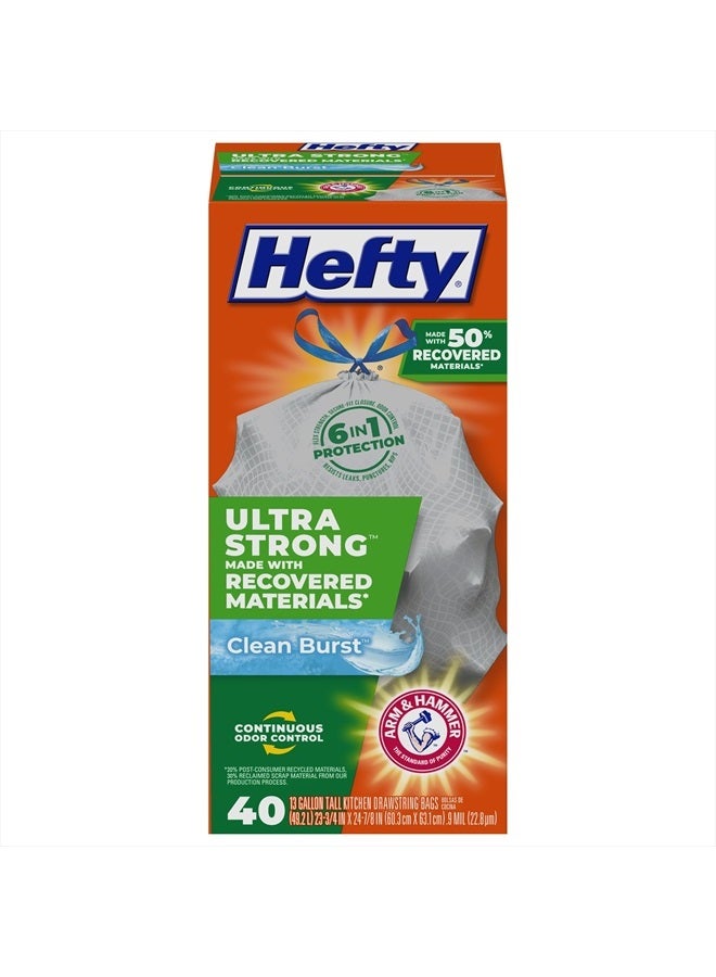 Hefty Ultra Strong Made with 50% Recovered Materials* Tall Kitchen Trash Bags, Gray, Clean Burst, 13 Gallon, 40 Count - Image 1