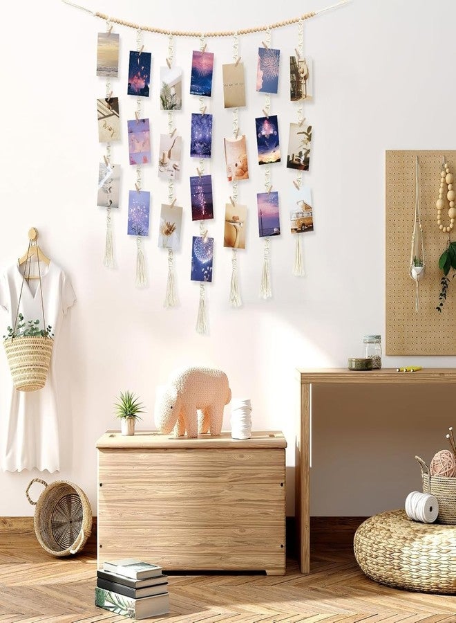 ecofynd Berlin Macrame Photo Display Wall Hanging, Picture Organizer with 20 Wooden Clips, Boho Aesthetic Home Decor, Bohemian Rectangular Frame for Bedroom Living Room Items (BH040), 20 x 040 inch - Image 5