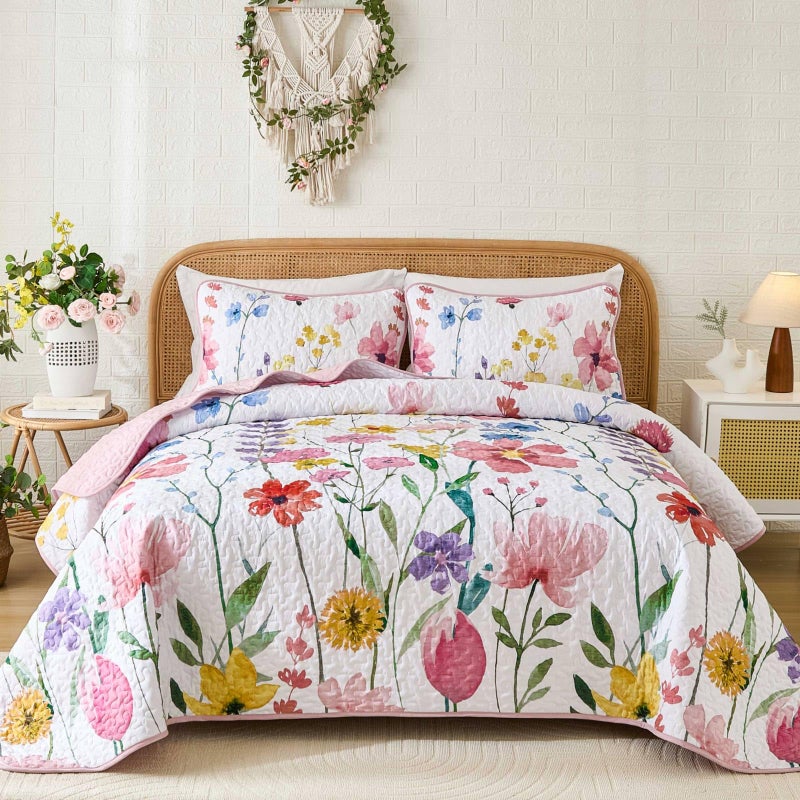 Anibedding Quilt Set Full Size, Reversible Pink Floral Bedspread Soft Microfiber Lightweight Quilt Bedding Sets Flower Coverlet for All Season(Full, 78"x90") - Image 1