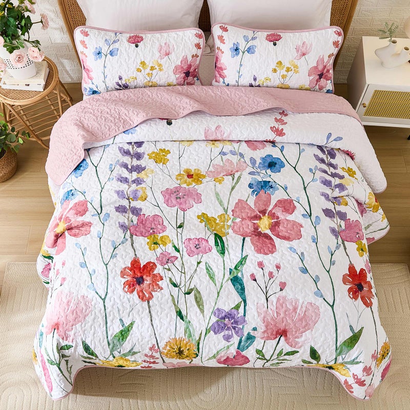 Anibedding Quilt Set Full Size, Reversible Pink Floral Bedspread Soft Microfiber Lightweight Quilt Bedding Sets Flower Coverlet for All Season(Full, 78"x90") - Image 4