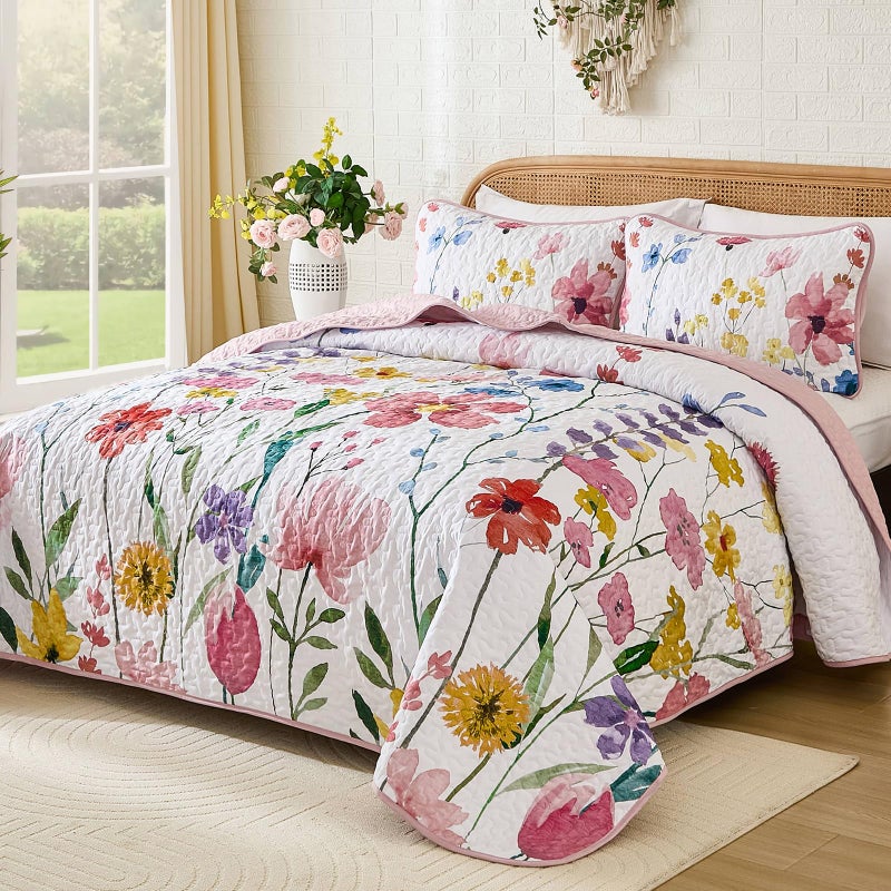 Anibedding Quilt Set Full Size, Reversible Pink Floral Bedspread Soft Microfiber Lightweight Quilt Bedding Sets Flower Coverlet for All Season(Full, 78"x90") - Image 2