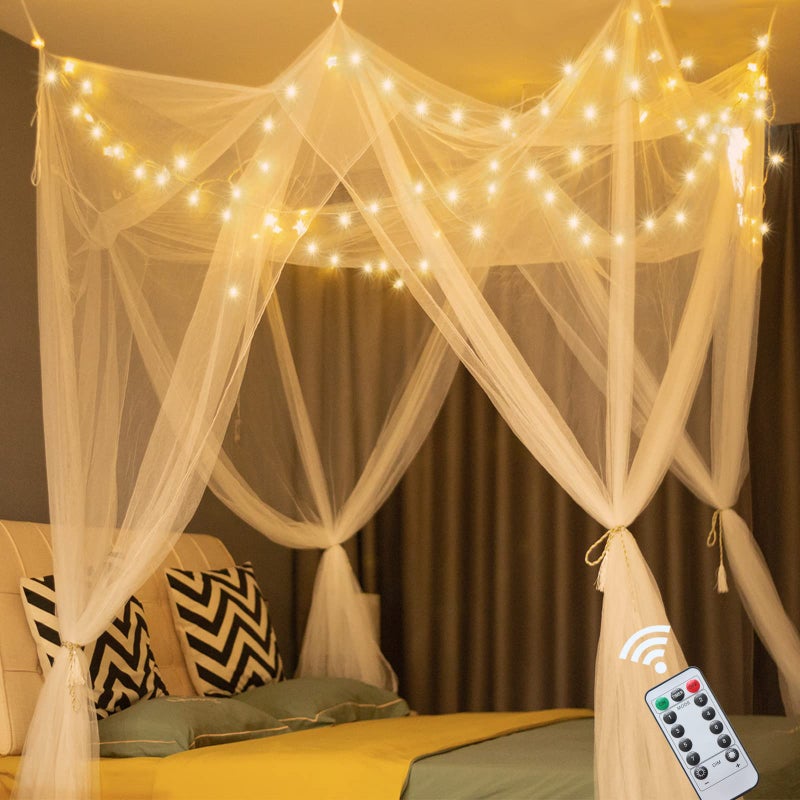 Obrecis White Bed Canopy with Lights for Girls Bedroom Decor 8 Corner Princess Canopy Bed Curtains with Warm White LED Star String Lights Remote Control Canopy for Bed Twin Full Queen King Size Bed
