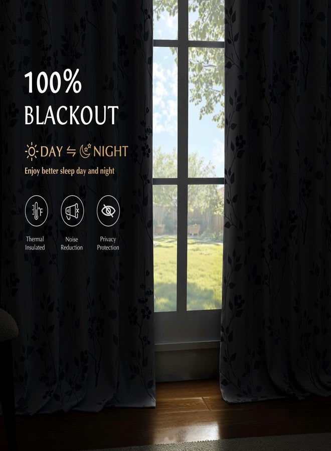 Beauoop Floral 100% Blackout Curtains 54 Inch Length 2 Panels for Bedroom Living Room Blue Grey and White Flower Patterned Room Darkening Thermal Soundproof Grommet Window Treatments Drapes, 52X54 - Image 2