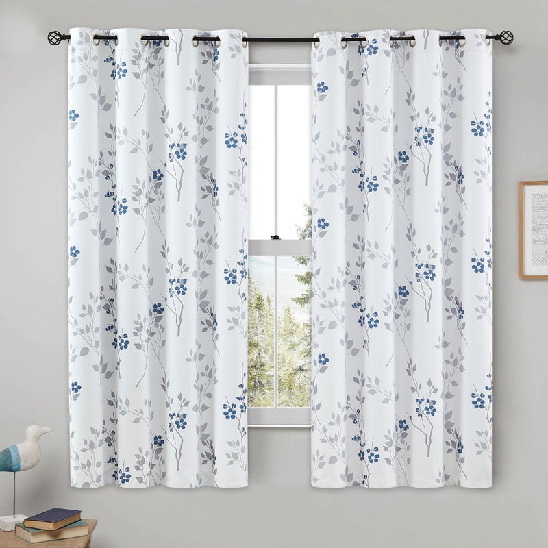 Beauoop Floral 100% Blackout Curtains 54 Inch Length 2 Panels for Bedroom Living Room Blue Grey and White Flower Patterned Room Darkening Thermal Soundproof Grommet Window Treatments Drapes, 52X54 - Image 1