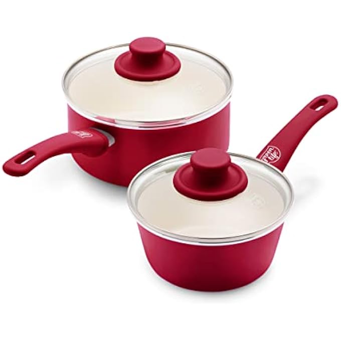 GreenLife Soft Grip Healthy Ceramic Nonstick 1Qt And 2Qt Saucepan Pot Set With Lids PfasFree Dishwasher Safe Red - Image 1