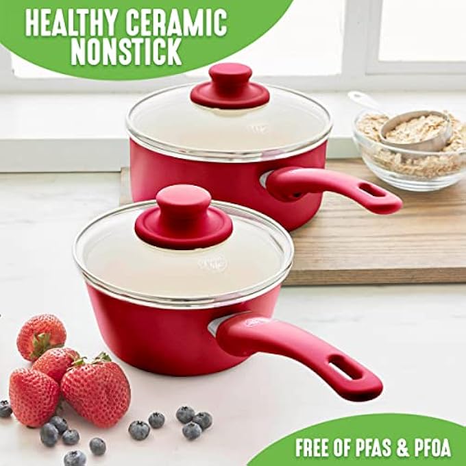 GreenLife Soft Grip Healthy Ceramic Nonstick 1Qt And 2Qt Saucepan Pot Set With Lids PfasFree Dishwasher Safe Red - Image 3