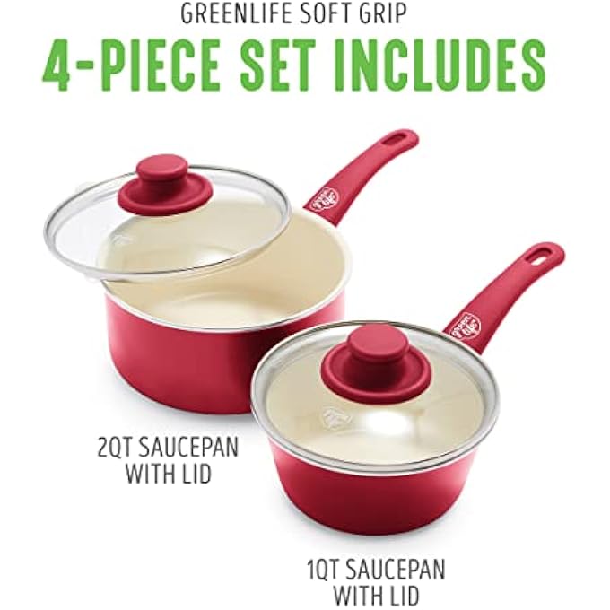 GreenLife Soft Grip Healthy Ceramic Nonstick 1Qt And 2Qt Saucepan Pot Set With Lids PfasFree Dishwasher Safe Red - Image 4