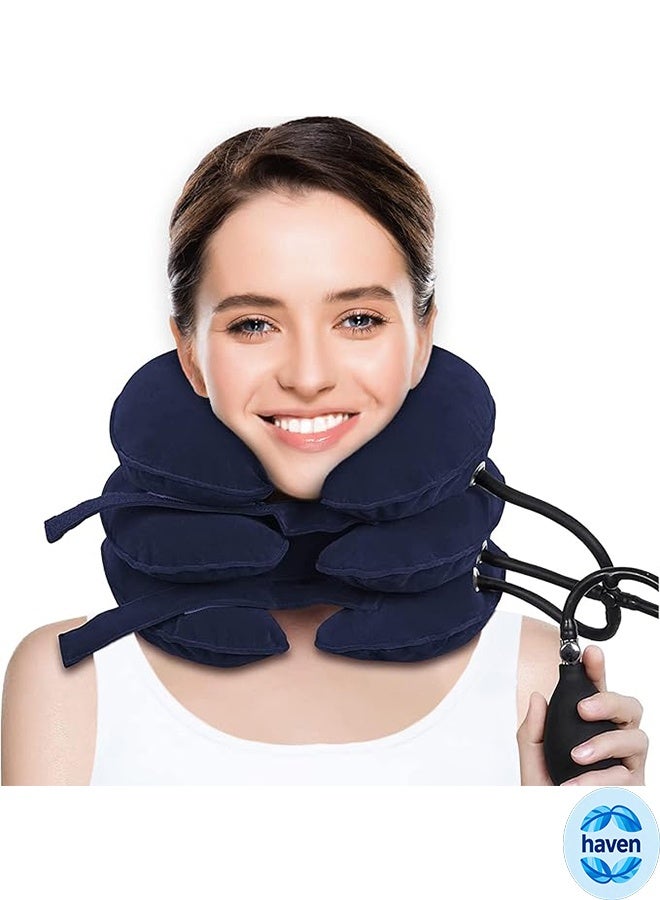HAVEN Cervical Neck Traction Device for Neck Pain Relief, Adjustable Inflatable Neck Stretcher Neck Brace, Neck Traction Pillow for Use Neck Decompression and Neck Tension Relief (Blue) - Image 1