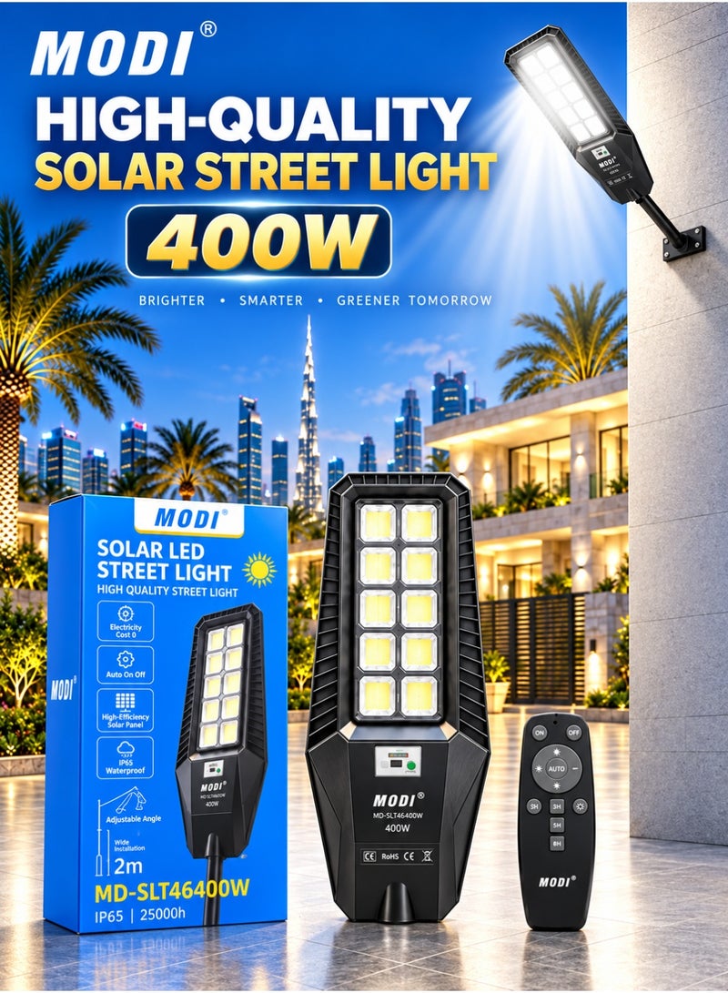 مودي مصباح شمسي خارجي بقدرة 400 واط، مقاوم للماء بمعيار IP65، مزود بمستشعر حركة، جهاز تحكم عن بُعد، تشغيل تلقائي من الغسق حتى الفجر، مصباح أمان خارجي للحديقة والممر وموقف السيارات - Image 1