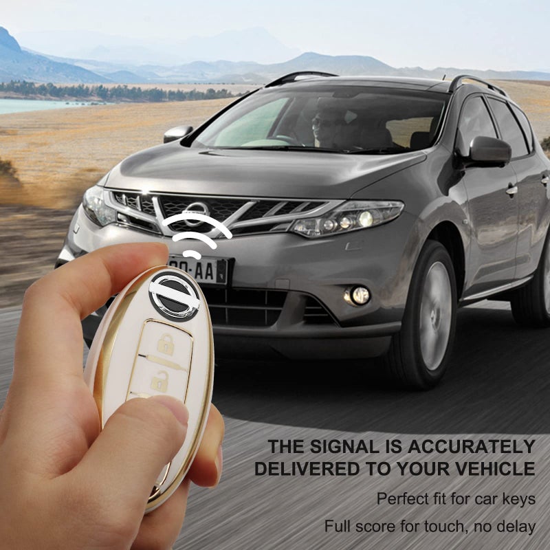 SUNCARACCL for Nissan Key Fob Cover with Leather Keychain, Soft TPU Full Protection Key Case Shell for Nissan Altima Maxima Rogue Armada Pathfinder Smart Key 4 Buttons (White) - Image 5