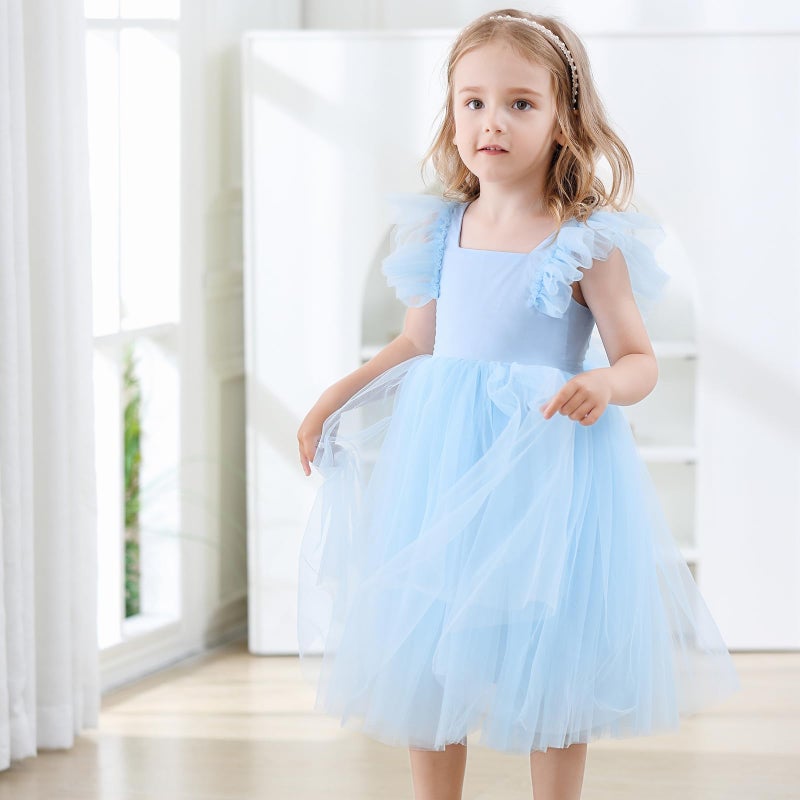 Tutu.kk Little Girls Vintage Party Dress Ruffled Sleeve A-Line Tulle Flower Girl Dresses for Wedding,Birthday Blue 4-5t - Image 3