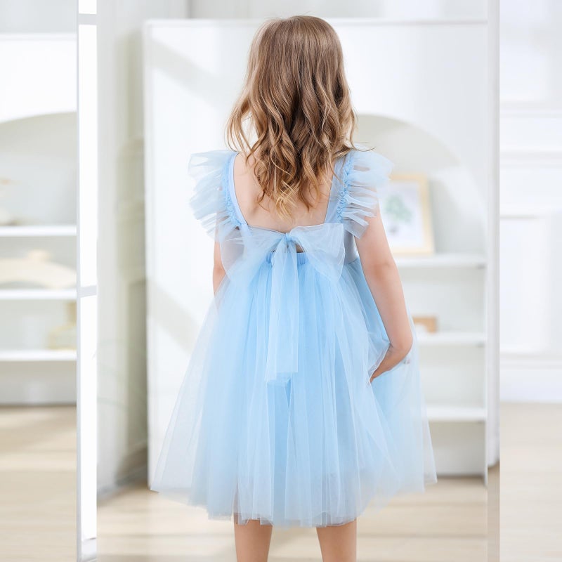 Tutu.kk Little Girls Vintage Party Dress Ruffled Sleeve A-Line Tulle Flower Girl Dresses for Wedding,Birthday Blue 4-5t - Image 4