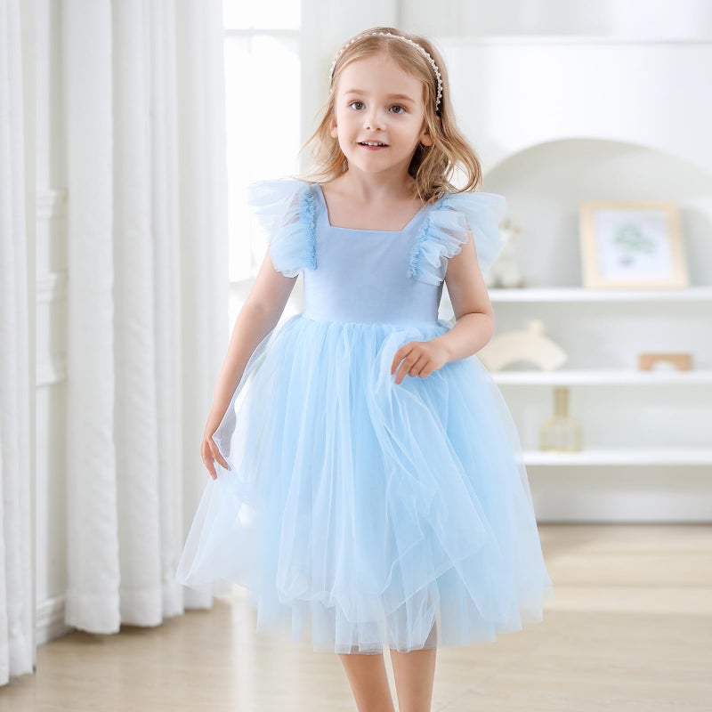 Tutu.kk Little Girls Vintage Party Dress Ruffled Sleeve A-Line Tulle Flower Girl Dresses for Wedding,Birthday Blue 4-5t - Image 2