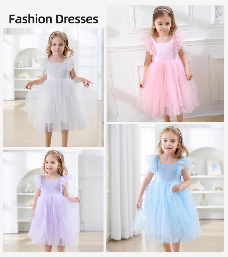 Tutu.kk Little Girls Vintage Party Dress Ruffled Sleeve A-Line Tulle Flower Girl Dresses for Wedding,Birthday Blue 4-5t - Image 5