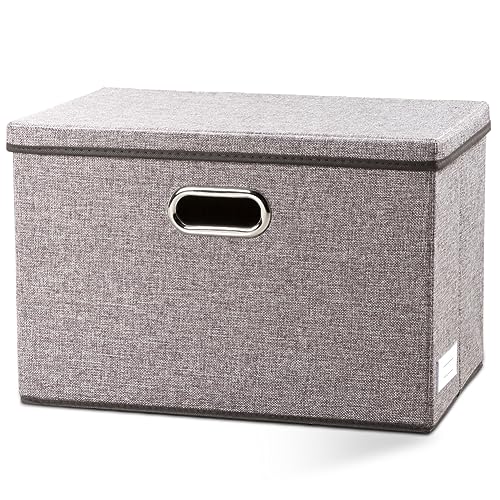PRANDOM Large Foldable Storage Bin with Lid 1Pack Linen Fabric Decorative Storage Box Organizer Containers Basket Cube with Handles Divider for Bedroom Closet Office Living Room 177x118x118