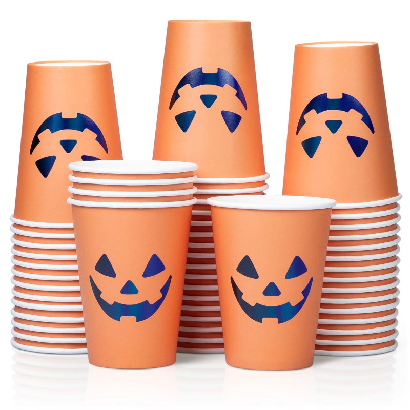 Confettiville Halloween Disposable Paper Party Cups Bulk 50 Pack LeakResistant 12 oz Hot and Cold Cups for Restaurants and Parties JackOLantern Black  Orange