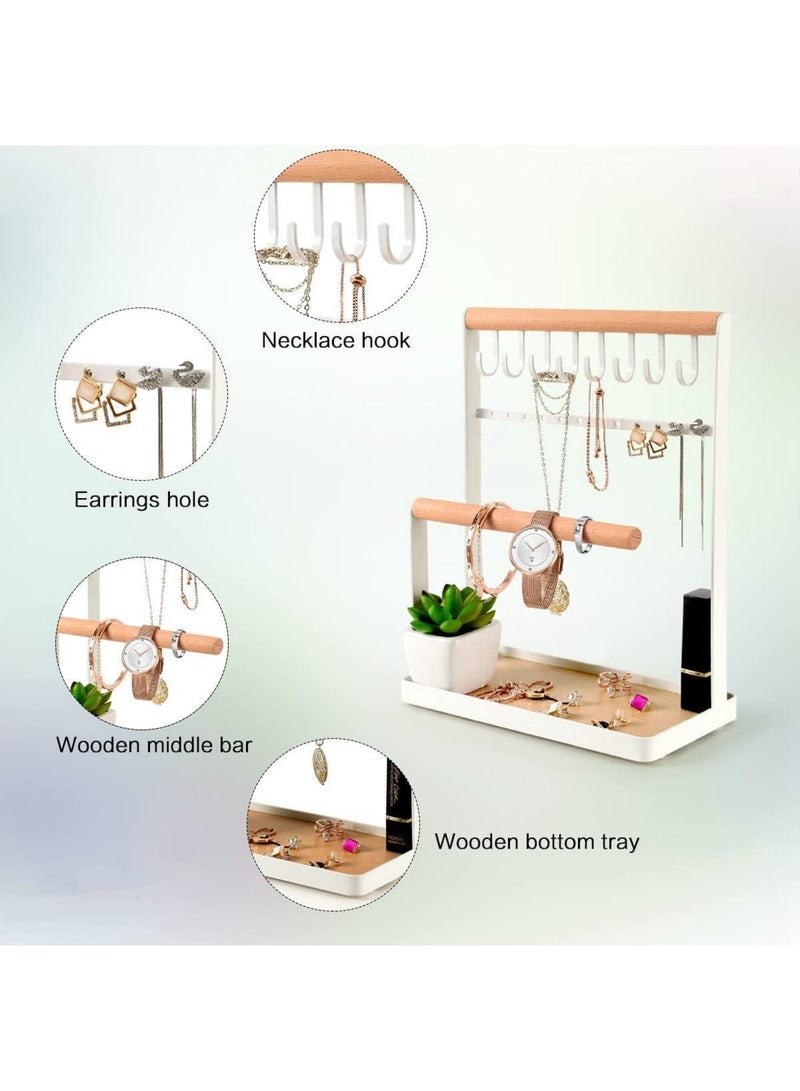 SOLARAE Jewelry Organizer Necklace Stand Holder, 4-Tier Hanging Wooden Ring Earring Tray, 8 Hooks Necklaces Storage 12 Earring holes, Bracelets, Rings & Watches Display On Desk Tabletop - White - Image 2