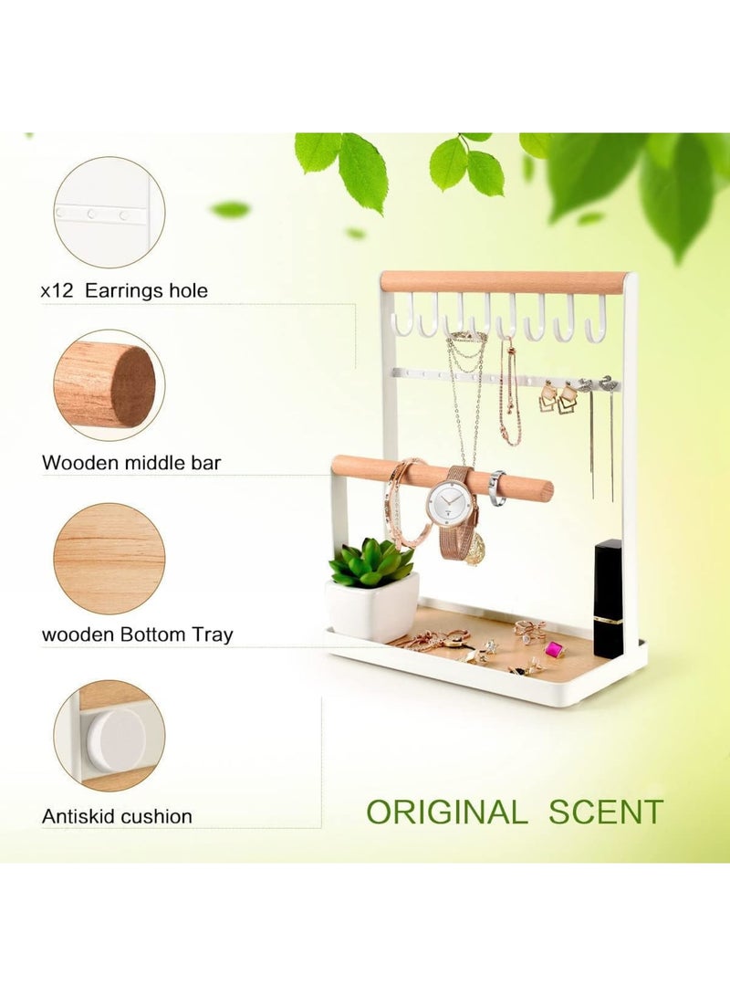 SOLARAE Jewelry Organizer Necklace Stand Holder, 4-Tier Hanging Wooden Ring Earring Tray, 8 Hooks Necklaces Storage 12 Earring holes, Bracelets, Rings & Watches Display On Desk Tabletop - White - Image 3
