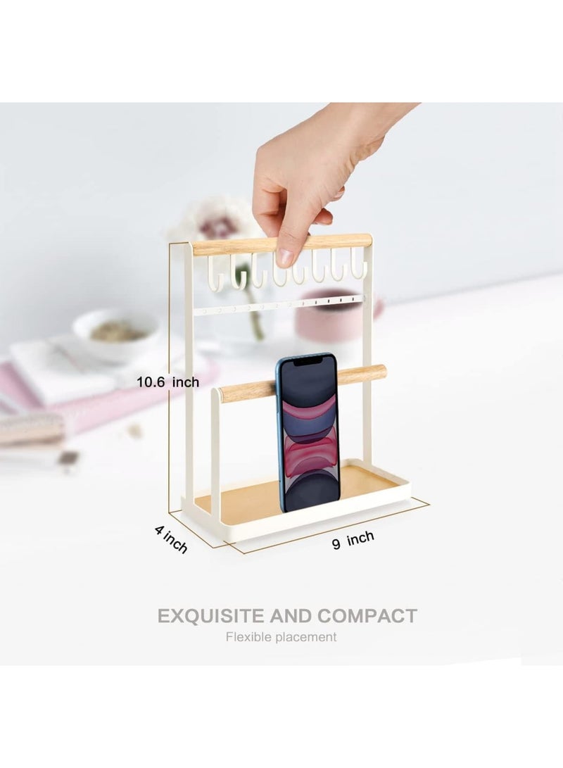 SOLARAE Jewelry Organizer Necklace Stand Holder, 4-Tier Hanging Wooden Ring Earring Tray, 8 Hooks Necklaces Storage 12 Earring holes, Bracelets, Rings & Watches Display On Desk Tabletop - White - Image 4