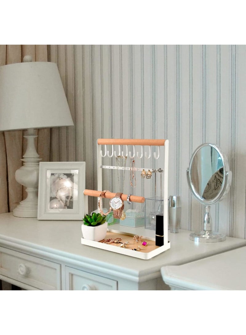 SOLARAE Jewelry Organizer Necklace Stand Holder, 4-Tier Hanging Wooden Ring Earring Tray, 8 Hooks Necklaces Storage 12 Earring holes, Bracelets, Rings & Watches Display On Desk Tabletop - White - Image 5