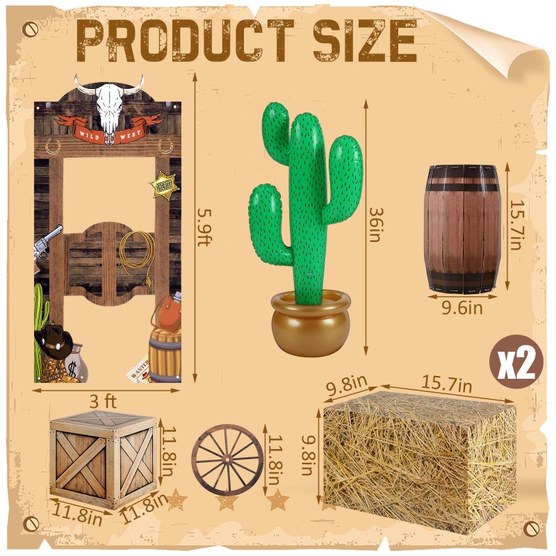 Vertintong 7 Pcs Western Cowboy Rodeo Party Decoration Kit Hay Bales Boxes Inflatable Cactus Prop Decor Western Backdrop Banner Wagon Wheel Village Accessories for Birthday Party Decoration Photo Props - Image 2