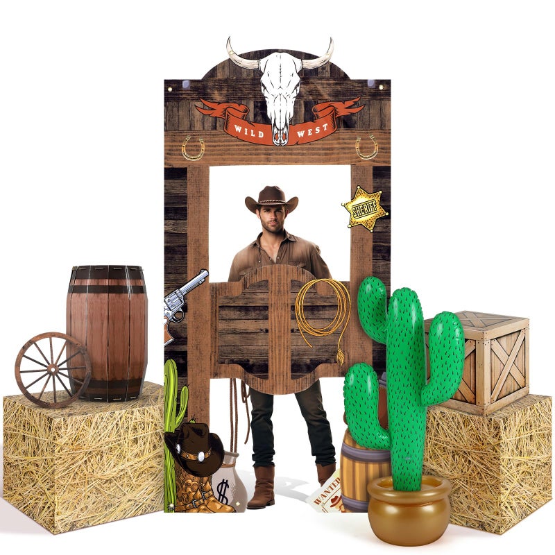 Vertintong 7 Pcs Western Cowboy Rodeo Party Decoration Kit Hay Bales Boxes Inflatable Cactus Prop Decor Western Backdrop Banner Wagon Wheel Village Accessories for Birthday Party Decoration Photo Props - Image 1