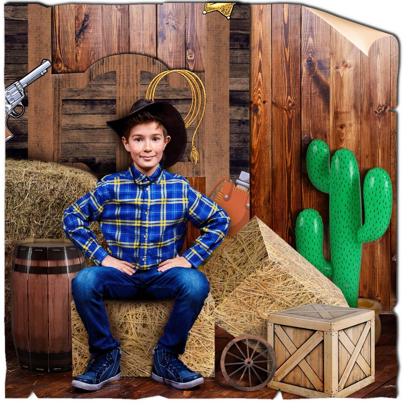 Vertintong 7 Pcs Western Cowboy Rodeo Party Decoration Kit Hay Bales Boxes Inflatable Cactus Prop Decor Western Backdrop Banner Wagon Wheel Village Accessories for Birthday Party Decoration Photo Props - Image 4