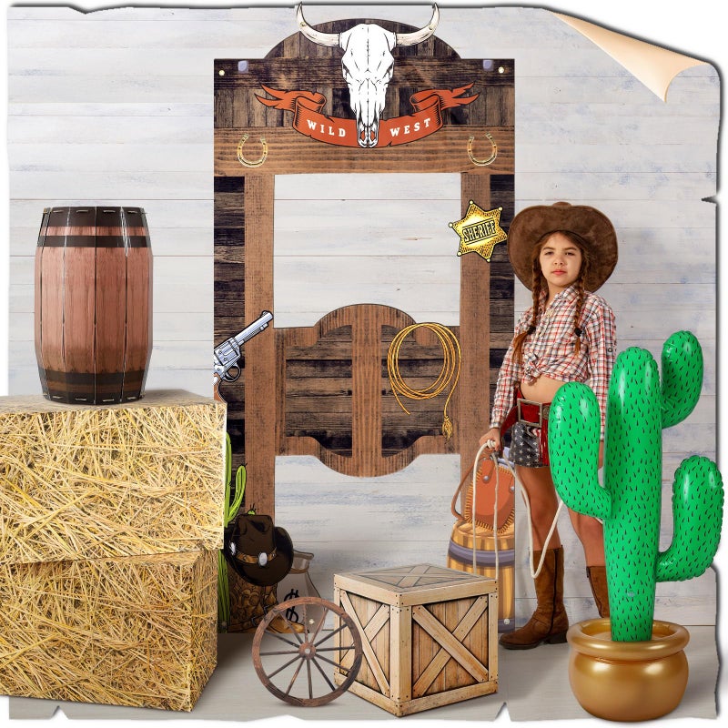 Vertintong 7 Pcs Western Cowboy Rodeo Party Decoration Kit Hay Bales Boxes Inflatable Cactus Prop Decor Western Backdrop Banner Wagon Wheel Village Accessories for Birthday Party Decoration Photo Props - Image 5