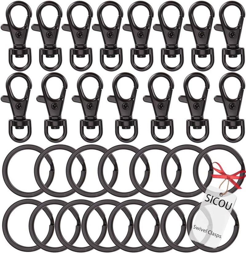 30PCS Keychain Hooks with Key Rings Swivel Clasps Lanyard Snap Hooks Metal Lobster Claw Clasps Key Chain for Lanyard Clip Jewelry Making Crafts Black